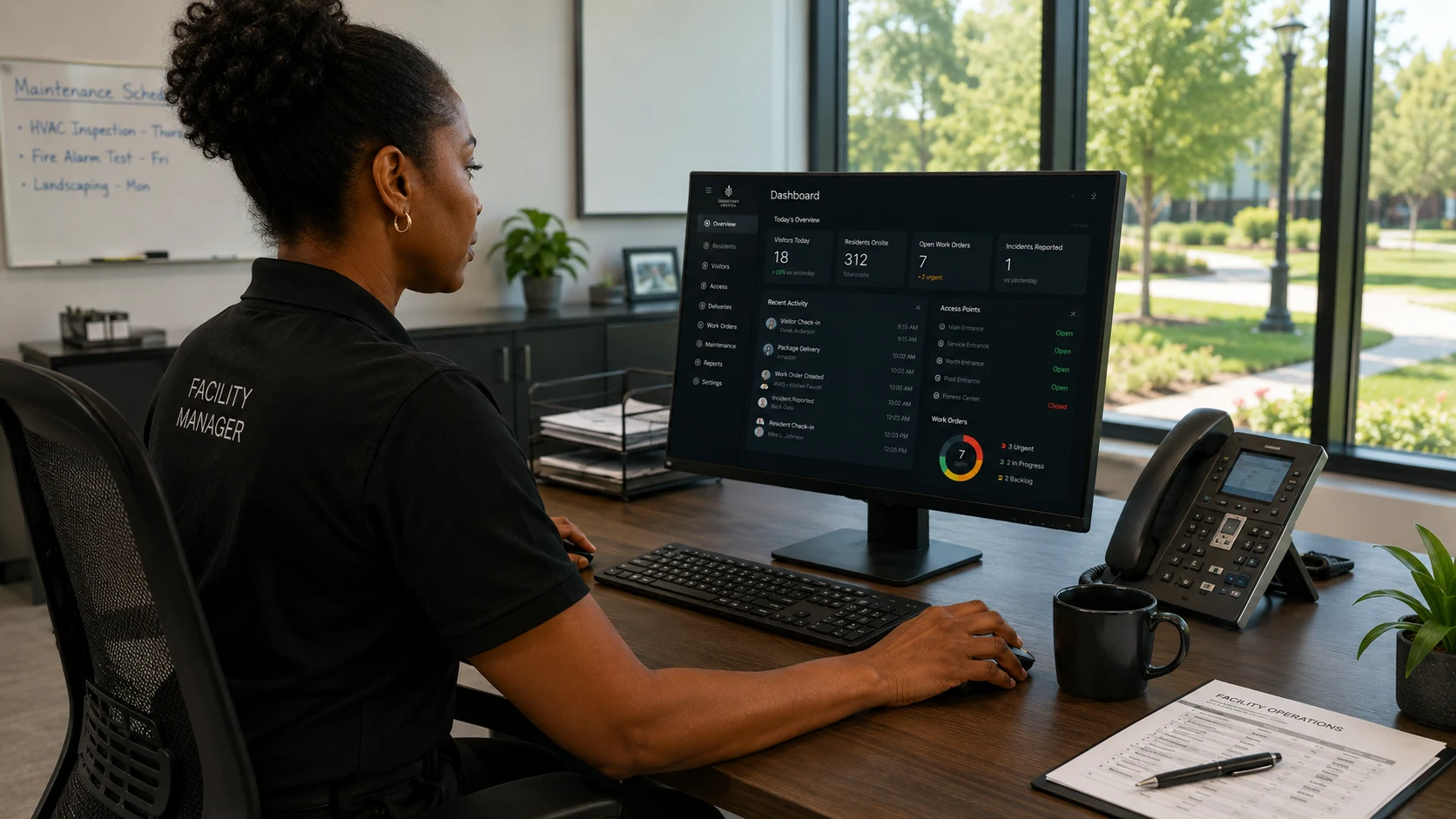 Facility manager reviewing the estate dashboard at her desk